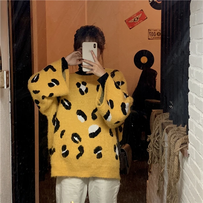 

Vintage Autumn Winter Clothes Women Sweater O-neck Knitted Pullovers Leopard Oversize Fashion Brand Korean Ulzzang Loose New