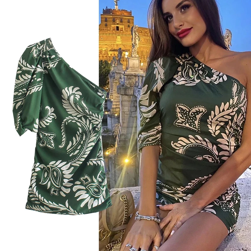 

ZA 2022 New Summer One Shoulder Dress For Women Sexy Ruffles Mini Celebrity Club Evening Runway Printed Party Dresses