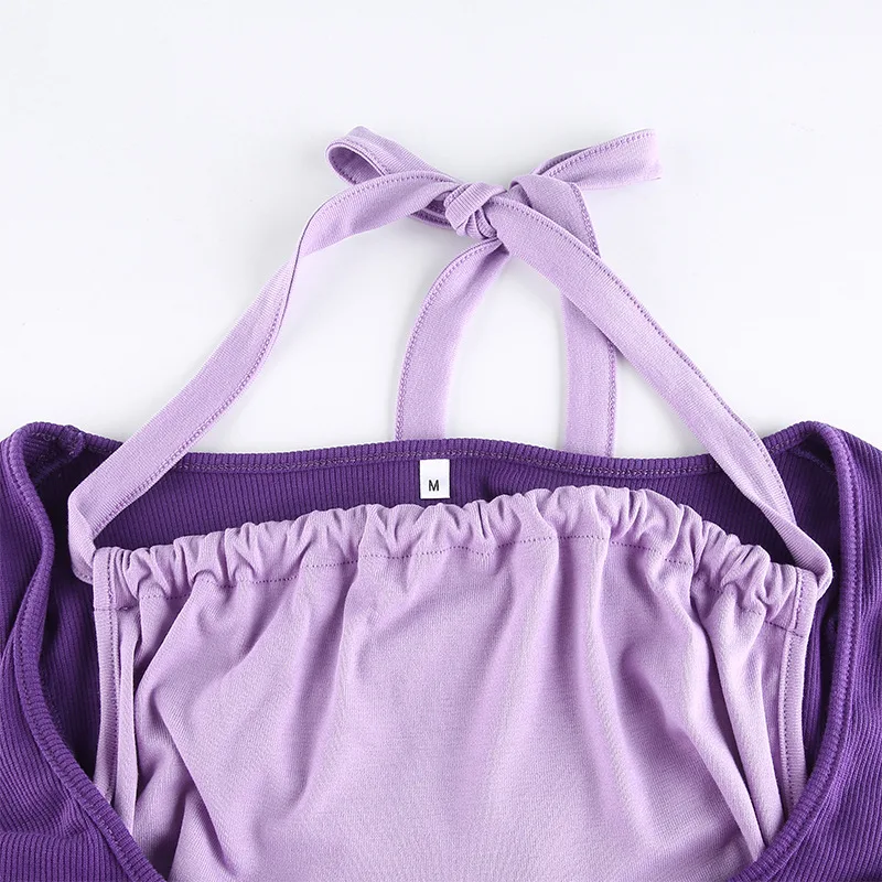 

Fanco Women's Street Patchwork Lace Up Halter Neck Fake Two-piece Pullover Long-sleeved Purple Top Women 2020 Autumn New Sweater