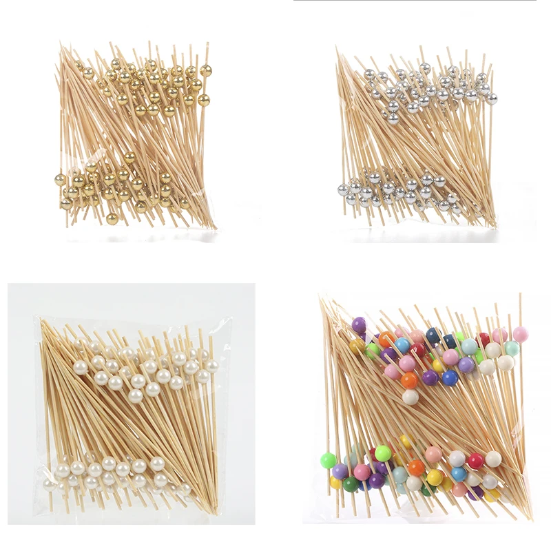 100PCS золотые бусины бамбуковые палочки для фруктов детей коктейль украшения пики
