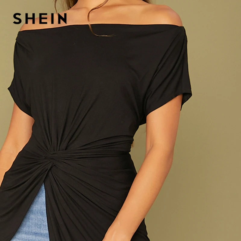 SHEIN черный с плеча твист Спереди асимметричный подол Bardot футболка Женские топы осень короткий рукав Твердые Элегантные футболки