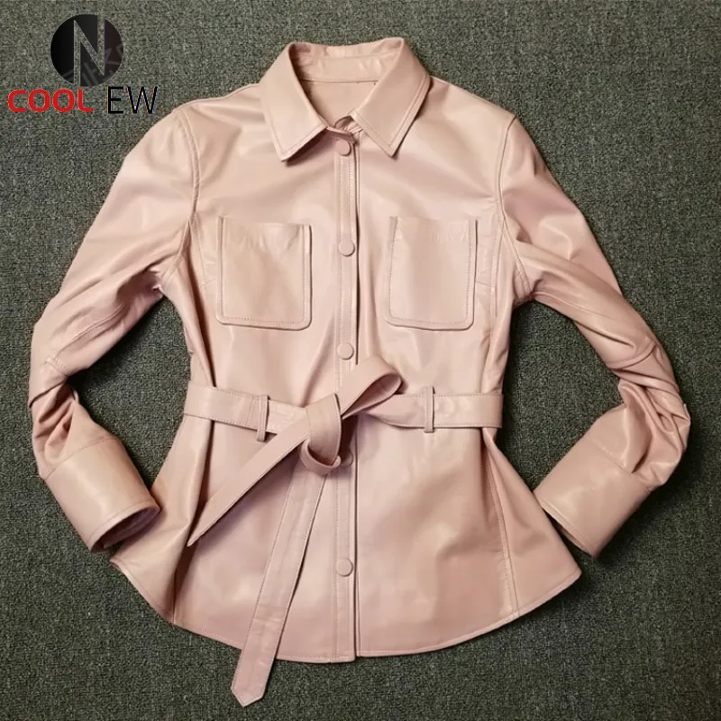 

2021 New Women Natural Sheepskin Jacket Pockets Belted Slim Fit Genuine Leather Jacket Kawaii Pink Windbreaker Real Leather Coat