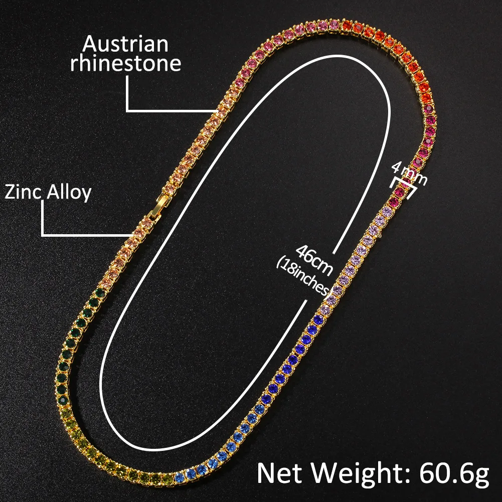 

1 New Bling Multi-color Rhinestone 4mm Tennis Chain Necklace Choker for Men Women Hip Hop Rhinestone Chains Jewelry Wholesale