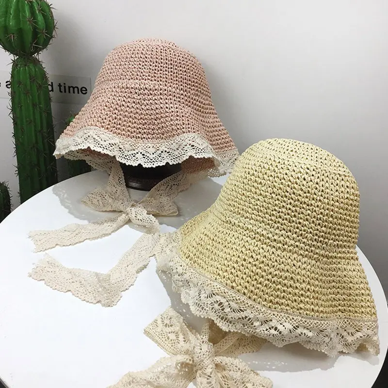 

Fashion Women Summer Wide Brim Sun Hat Handmade Lace Ribbon Bow Straw Hats Collapsible Women's Girl Seaside Beach Cap