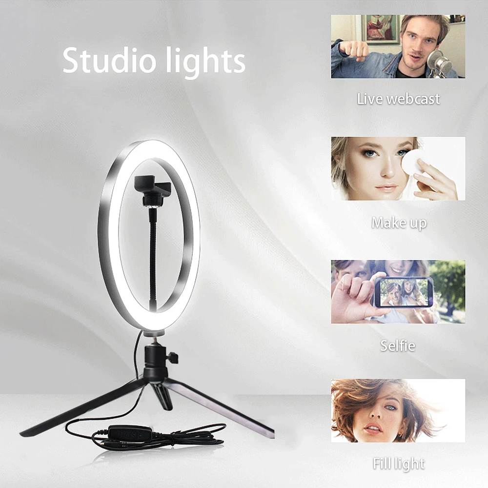 16/20/26CM LED Ring Light Fill Tripod Video Lamp 10 modes Selfie Photography Portable Makeup Photo USB Plug | Освещение