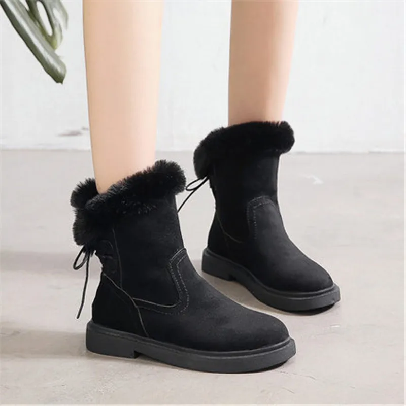 

Winter Warm Snow Boots For Women Shoes Flat Cross-Tied Plush Bottines 2020 Fashion Ladies Flock Ankle Boots Black Mujer Botas