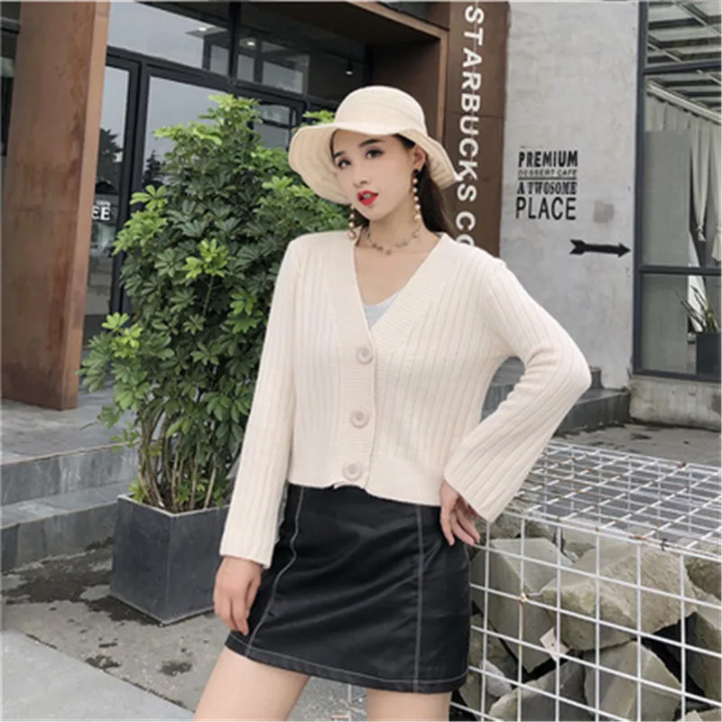 2019 новый свитер куртка кардиган женский укороченный длинный рукав Трикотажный