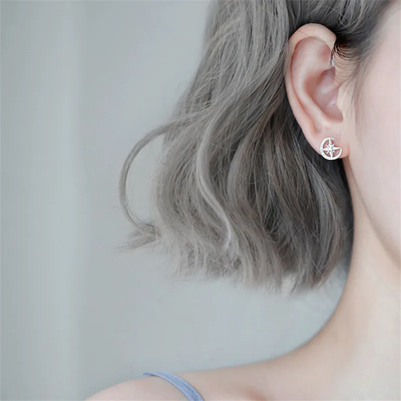 

Women Niche Sweet Candy Jewelry S925 Pure Silver Mini Earrings Girls Cute Moon Star Bright Zircon Students Fashion Stud Earrings