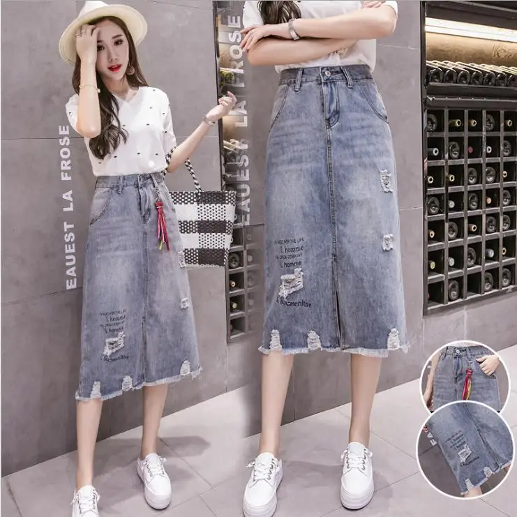 Трапециевидная рваная джинсовая юбка Shkirts женская с высокой талией и разрезом