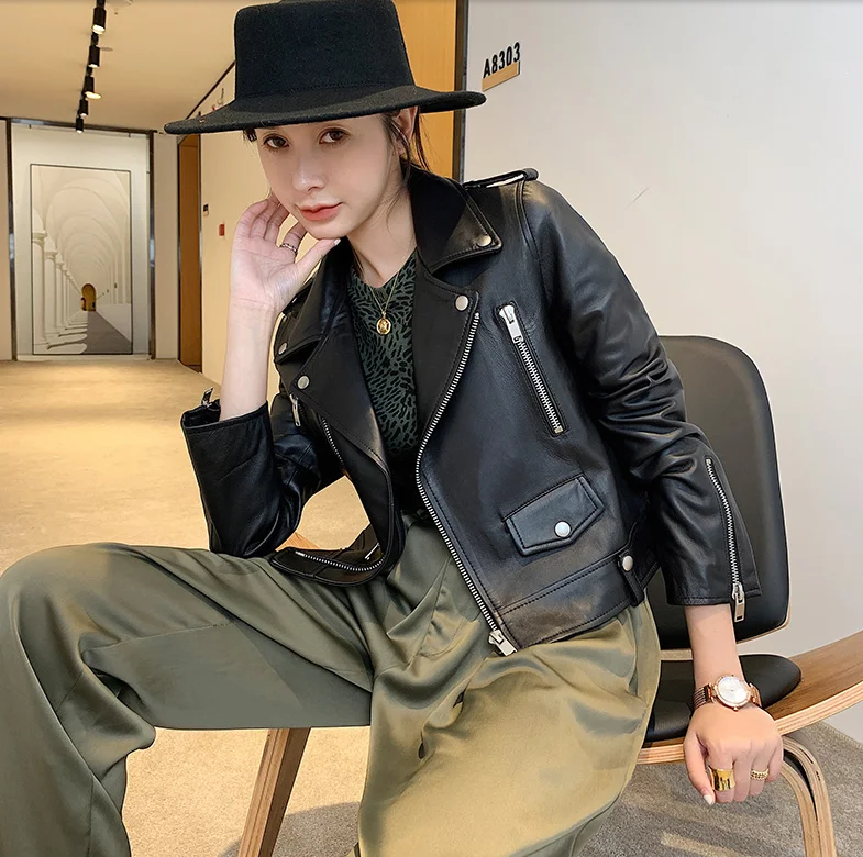 2021 New Women's Motorcycle Biker Genuine Real Sheepskin Leather Short Coat & Jacket  Spring and Autumn Black Oversized XXXXL