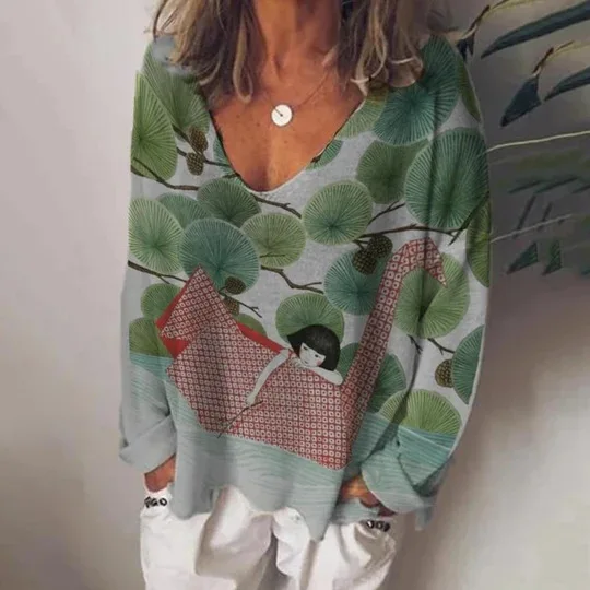 

The new Europe and the United States in the spring of 021 loose printed round neck long sleeve shirt jacket female