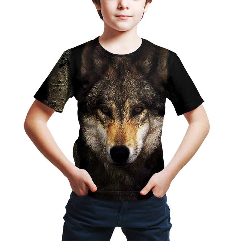 

2021 New Summer Fashion Casual Short Sleeves Cool T-Shirt Print Wolf 3D Boys girls 4-14T Summer Sleeve Short T-Shirts