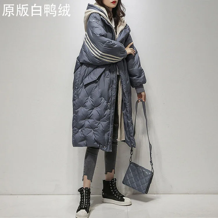 Fashion long downJacket Women's Wear 2021 Winter New Korean White Duck Down Hooded Loose Over Knee Thickened Jacket Warm Coat