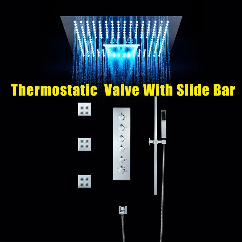 Thermostatic Valve Роскошный душевой кран для ванной комнаты, 16 дюймов, светодиодный светильник, встроенный потолочный термостатический клапан, водопад, душевая головка, Misty - Цвет: Thermostatic Valve