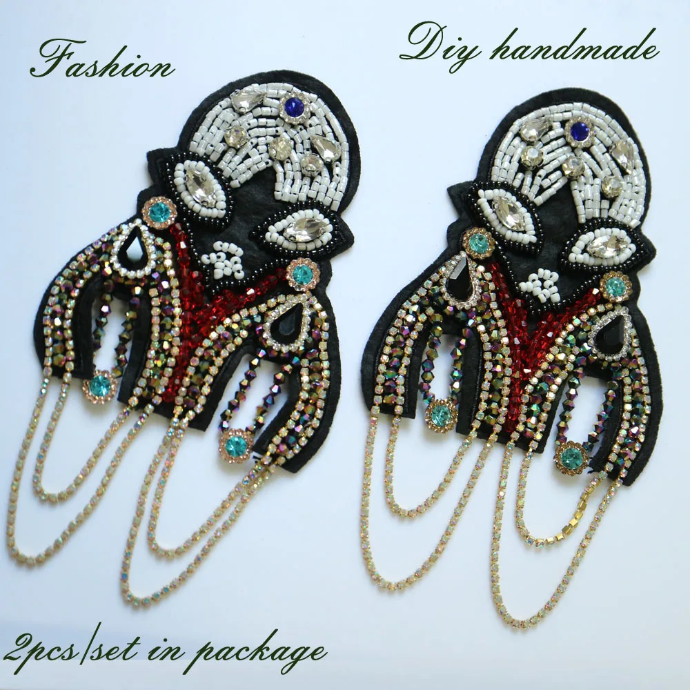 

2pc/set colorful beauty Beaded patch for clothes DIY Fashion beads Badge Epaulets Shoulder Patch for Punk Coat Suit appliques