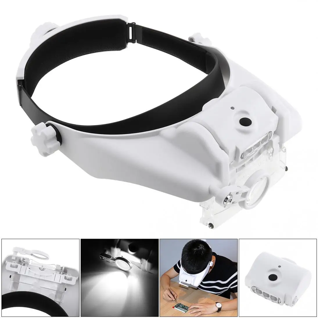 

11.5X 6 Amplification Ratio Adjustable Rechargeable Headband Eyeglass Magnifier with 3 LED Lights and USB Cable for Reading