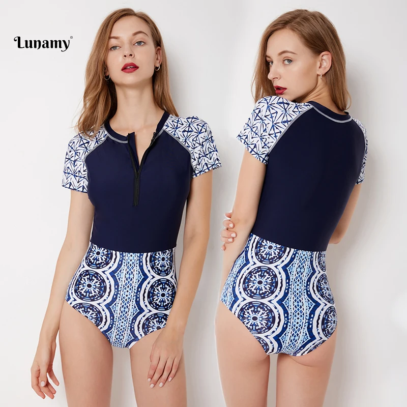 Lunamy 2019 Цельный купальник Китай Синий принт женский короткий рукав купальный
