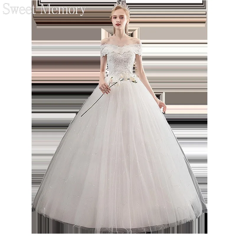 

Sweet Memory Boat Neck Wedding Dress Plus Size Lace Up Wedding Gown for Women Vestidos 2020 Formal White Embroidery Robe Mariage