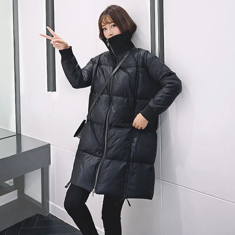 

2020 Women's Winter New White Duck Down Down Jacket Mid-length Drawstring Black Stand-up Collar Long Warm Parker Down Jacket