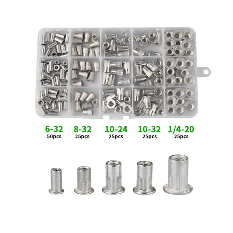 

150Pcs Mix Aluminum Alloy Rivnut Flat Head Rivet Insert Nutsert Cap Rivet Nut set