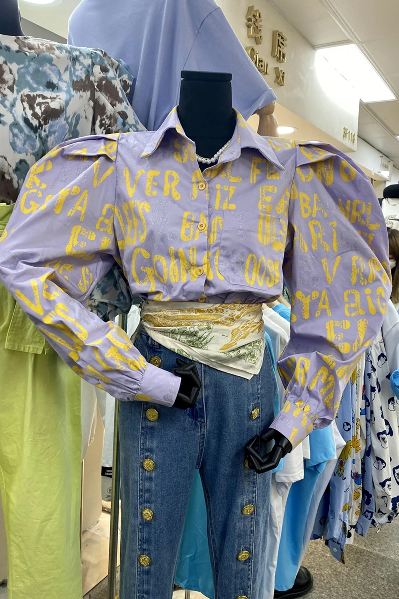 

2021 New Spring Casual Long Puff Sleeve Fluorescent Letter Print Long Shirt Women Turn-down Collar Blouse Streetwear