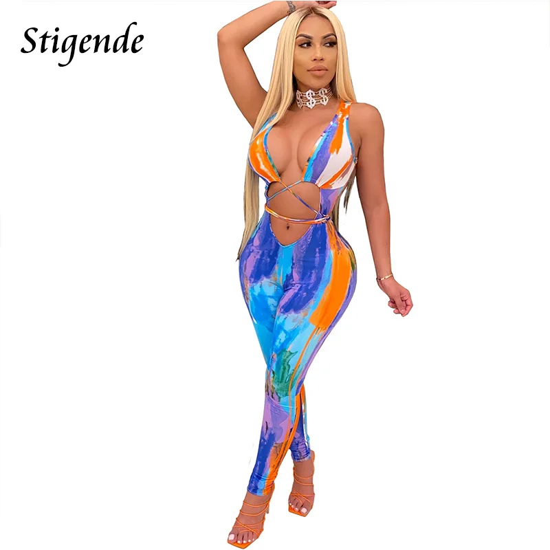 

Stigende для женщин пикантные V образным вырезом повязки на бретелях комбинезон с цветочным принтом на лето с принтом открытой передней Брюки-к...