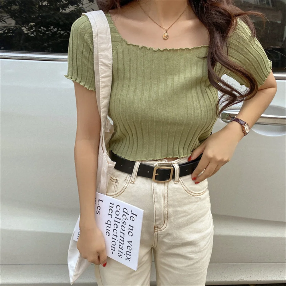

Girls Shirts Solid Color Off Shoulder Stringy Short Sleeve Knitted Tops Ladies Summer Fashion Style Ruffles Women Clothing