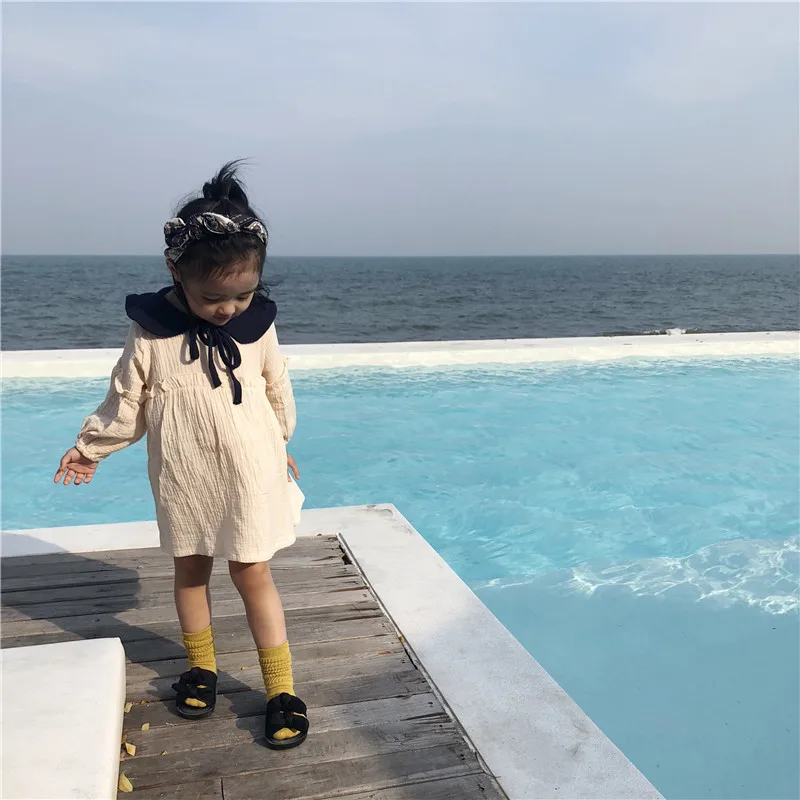 Spring Summer Korean style pure cotton yarn doll collar long sleeve dresses for girls cute kids all-match princess dress | Детская