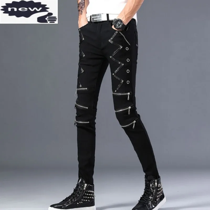 

Брюки-Карандаш мужские на молнии, повседневные облегающие эластичные штаны, байкерские штаны, черные, на осень