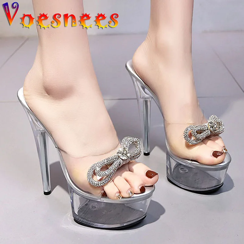 Женские прозрачные шлепанцы ПВХ сандалии на шпильке с бантом и стразами новинка