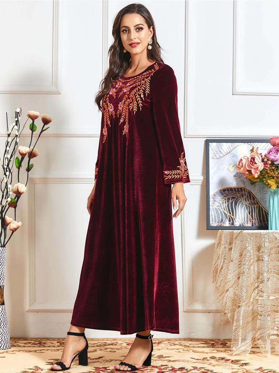 Abaya Muslim Shalwar Kameez Pakistani Dress Golden Velvet Embroidery Dubai Dress Maxi Thick Robe Long Sleeves Islamic 2023 Women