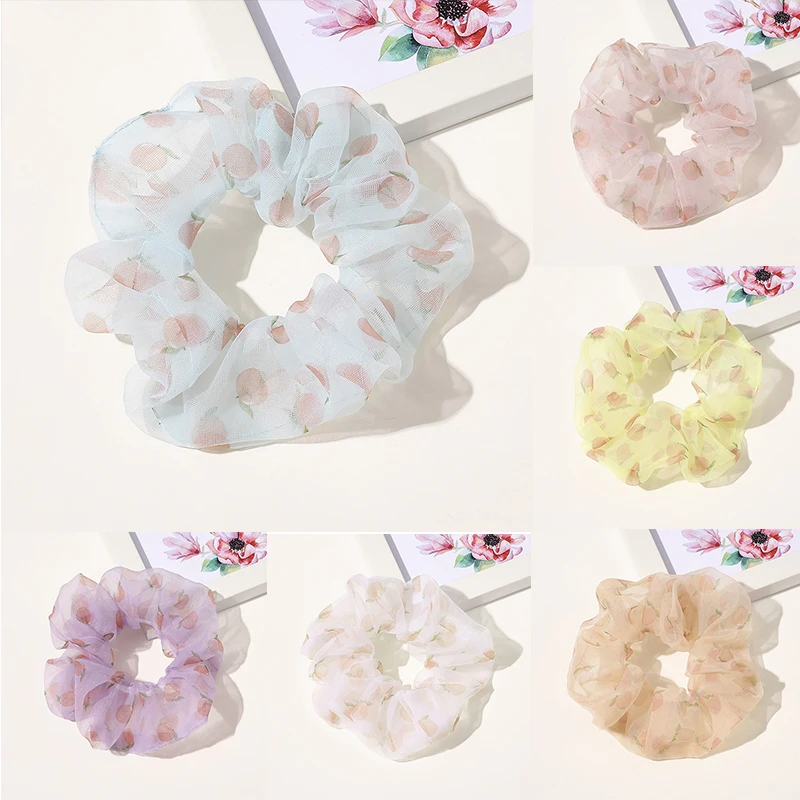 

Korea Women Pure Color Elegant Sweet Rubber Bands Floral Print Scrunchies Transparent Ponytail Holder Hair Ring Ropes