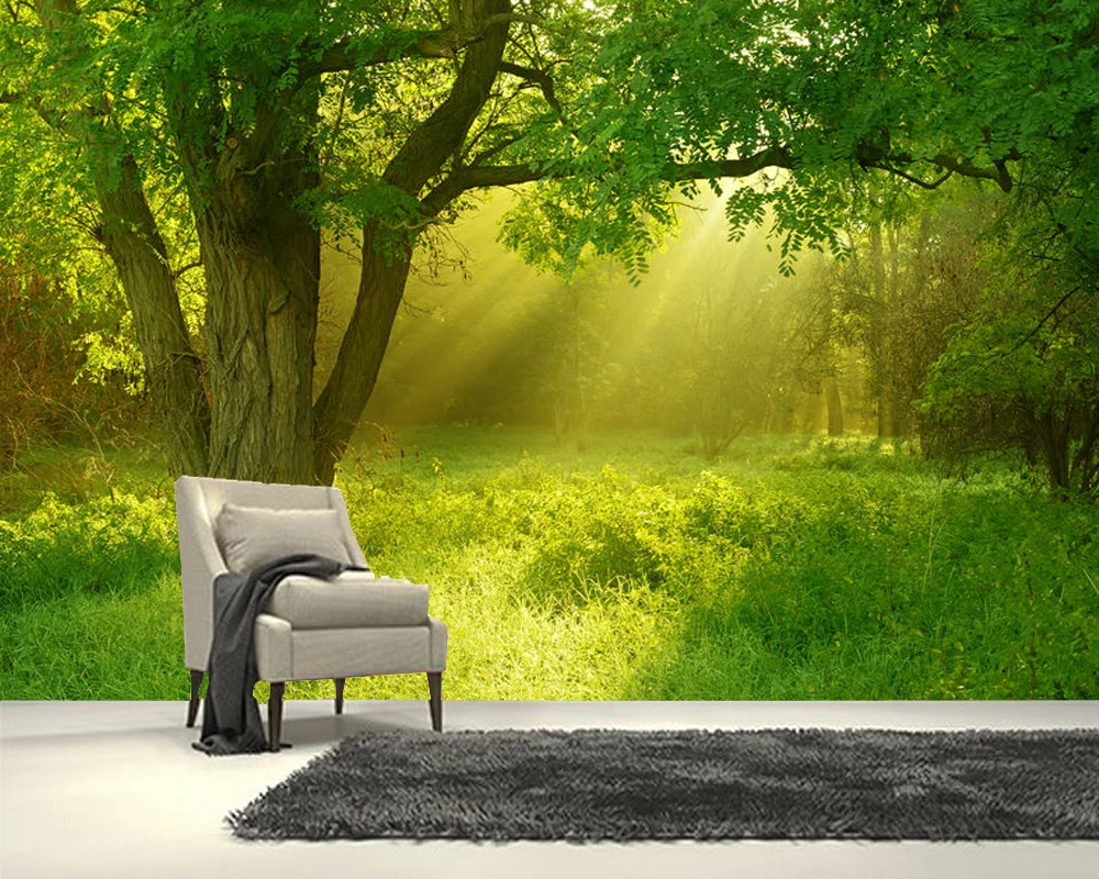 Papel de parede Sun блестит в зеленый лес большое дерево натуральные 3d обои роспись