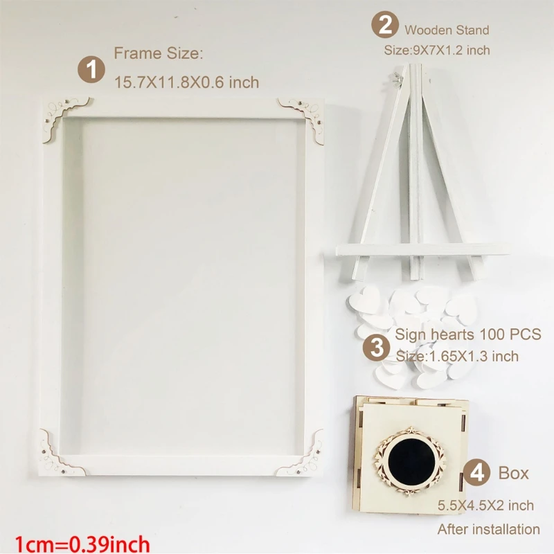 

White Wooden Wedding Guest Book Picture Photo Frame Personalized Alternative Drop Top Sign Box with 100Pcs Hearts Rustic Party D