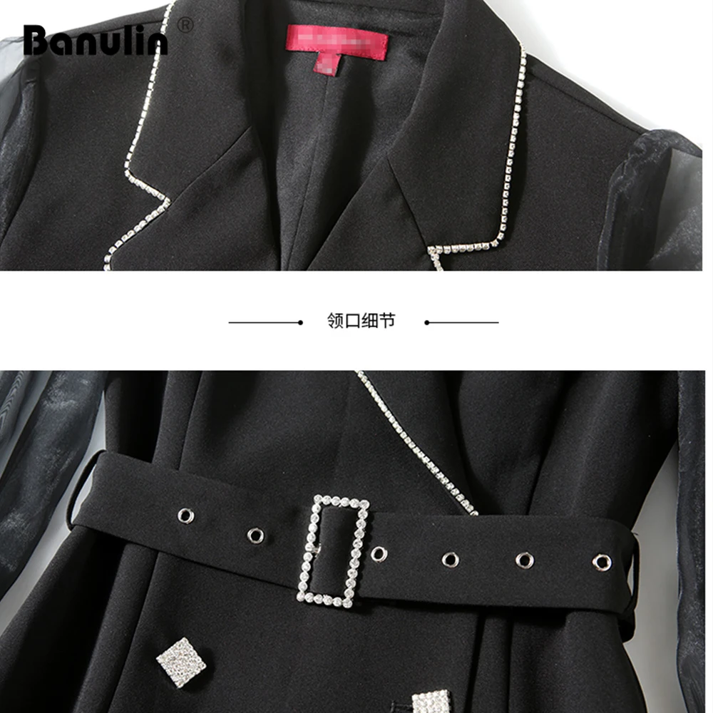

2020 Autumn Elegant Mesh Patchwork Women Beading Blazer Dress Female Long Sleeve Notched Double-breasted Black Bodycon Dresses