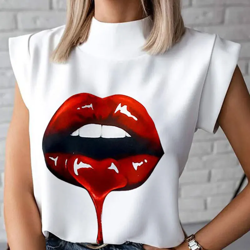 

Woman Short Sleeve Colored Cotton Graphic Tees Summer T-Shirt Female Tops Shirts for Women Purple Red Leopard Print Lips Kiss