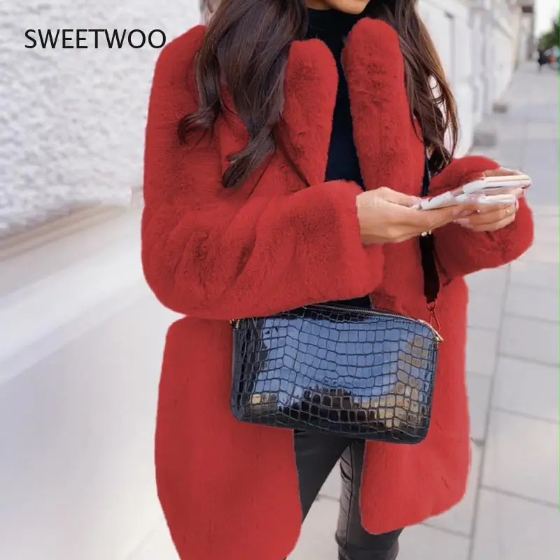 2021 New Women Winter Warm Faux Fur Coat Thick Women Middle -Long Overcoat Turn Down Collar Women Warm Female Casaco Feminino