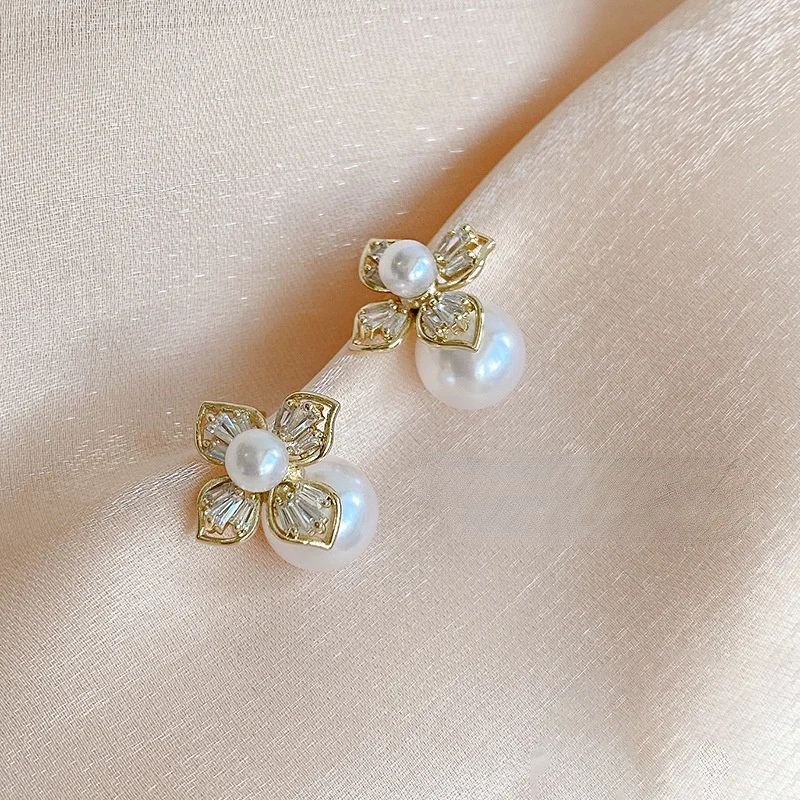 

Origin Summer Dainty Sparkly Cubic Zirconia Flower Pendant Earring for Women Ladies Simulation Pearl Dangle Earrings Accessories