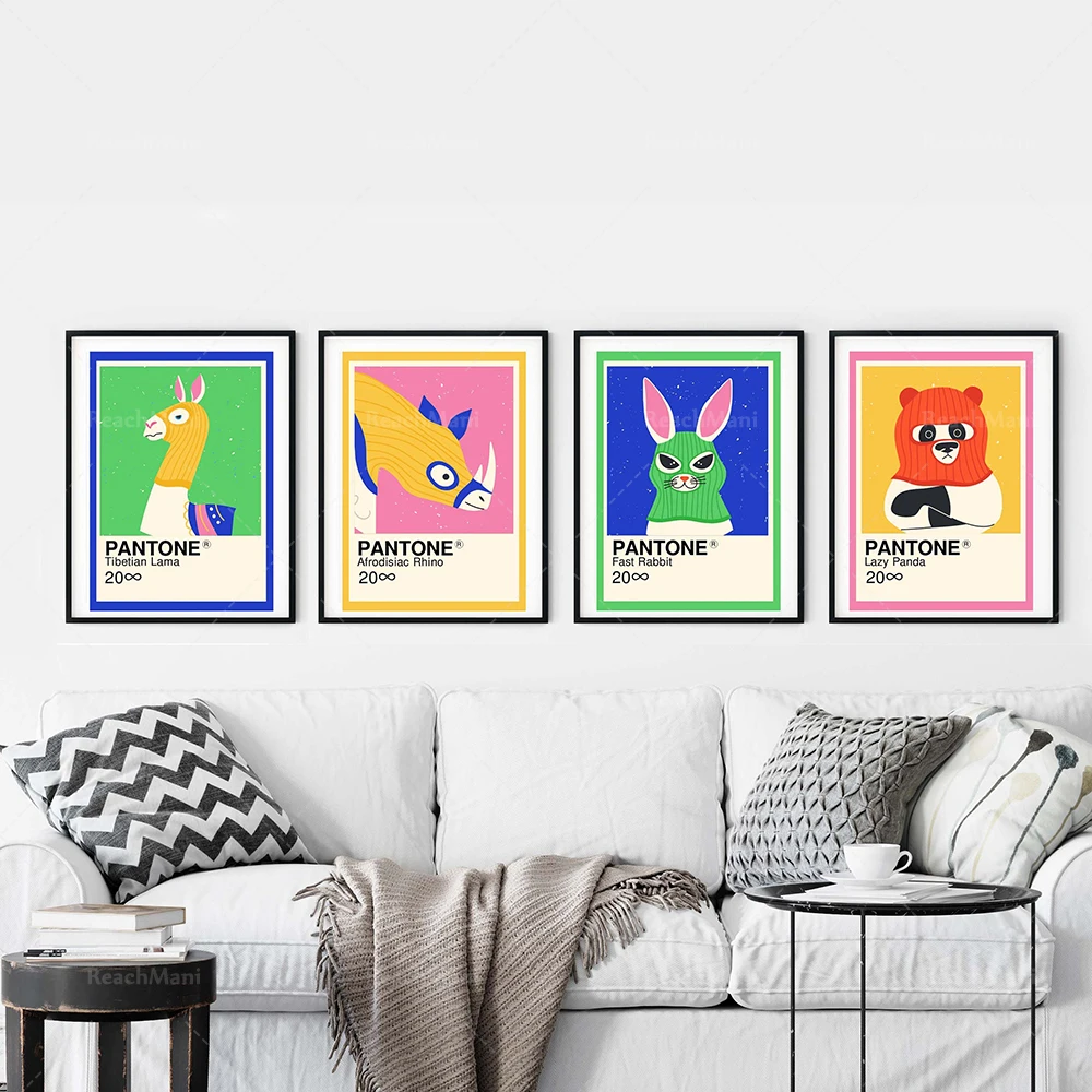 

Pantone cartoon print poster, funny art print of hare, lama, rhino and panda. Pop graphic art living room wall decoration poster