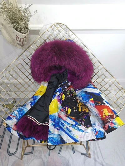 Blue Purple Fur Детская зимняя куртка с отделкой из меха, пальто для мальчиков и девочек утепленное пальто из меха кролика с граффити, Детская меховая куртка для девочек, TZ147 - Цвет: Blue Purple Fur