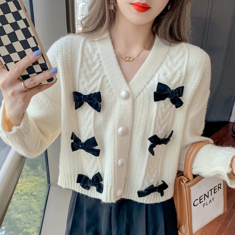 

Autumn Winter Short High Waist Solid Color Sweater Women Single-breasted Knit Cardigan Bow Sweter Women Jacket New Top Femme