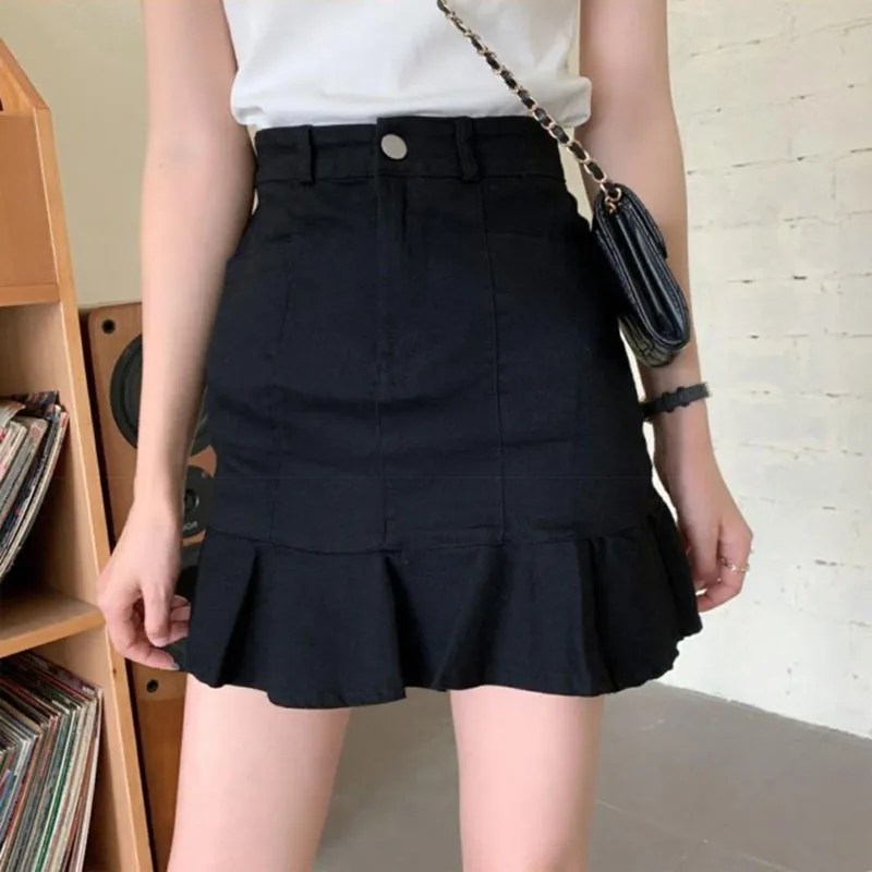 

Skirts Women Summer Ruffles Korean Style Hip Skirt Slender Mini Leisure Stylish All-Match Solid Ulzzang Womens Chic Retro New