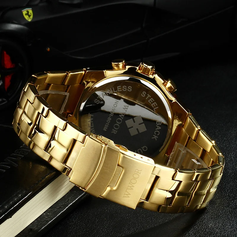 

WWOOR Fashion Sports Quartz Gold Watch Men Multifunction Waterproof Chronograph Wrist Watches Mens LED Digital Dual Dispay Clock