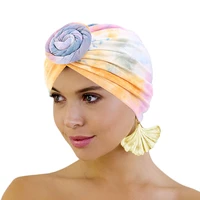 bohe style stretchy donuts turban cap for women tie dye printed cotton beanie caps muslim headwear knotted donut hat chemo