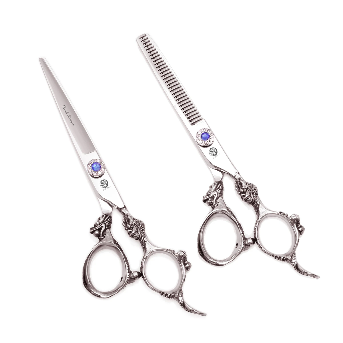 Барберские ножницы с сумкой Purple Dragon 5.5" Япония 440C для стрижки и разреживания волос 9004# черного цвета с рисунком на ручке.