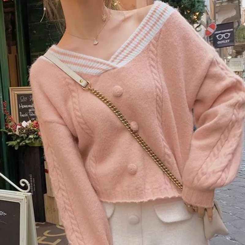 

Cropped Sweaters Women Lovely Japanese Style College Streetwear Pullovers Knitting Female Autumn All-match V-Neck College Cute