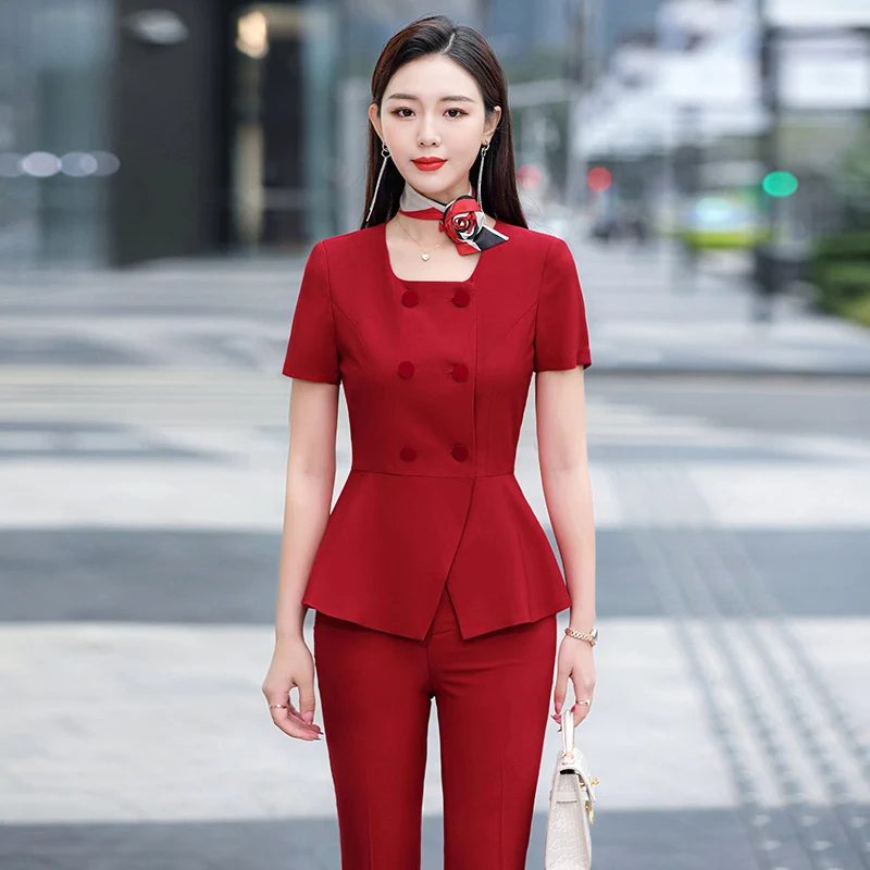 Formal OL Style Pantsuits for Women Business Work Wear with Scarf Summer Short Sleeve Ladies Office Professional Blazers Set | Женская