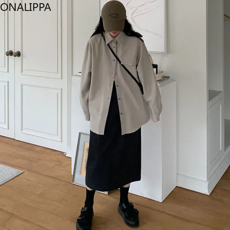 

ONALIPPA Temperament Set Female Korean Chic Casual Lapel Loose Single-Breasted Long-Sleeved Jacket High-Waist All-Match Skirt