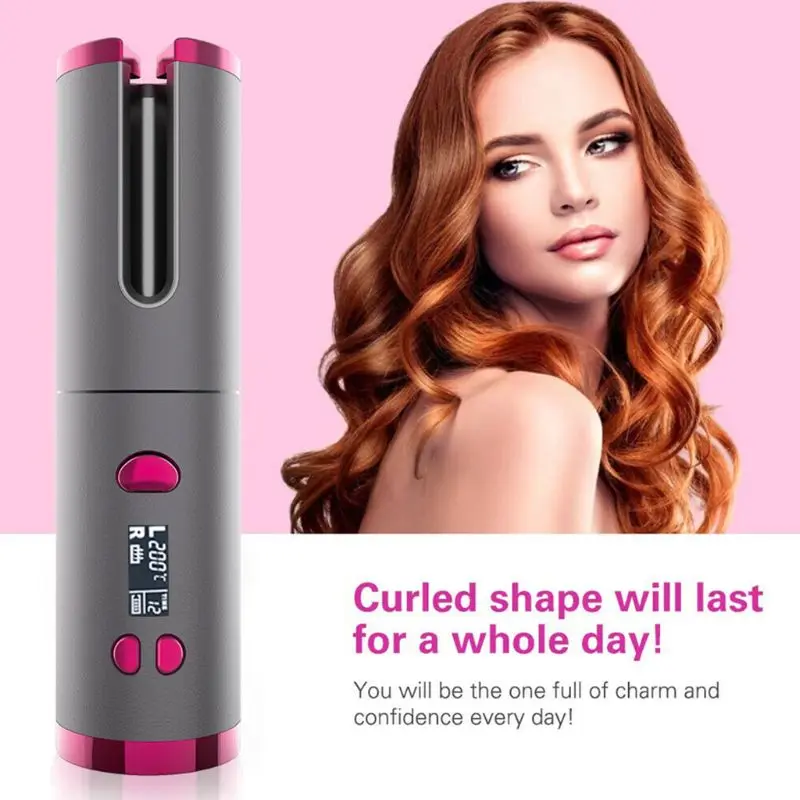 

Cordless Hair Waver USB Charging Hair Curler LCD Display Auto Rotating Styling Tool with Timer Function