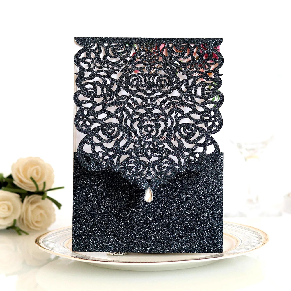 10pcs Pearl paper Business Invitation Glitter Openwork Pocket Rose Lace Card Wedding Universal | Дом и сад